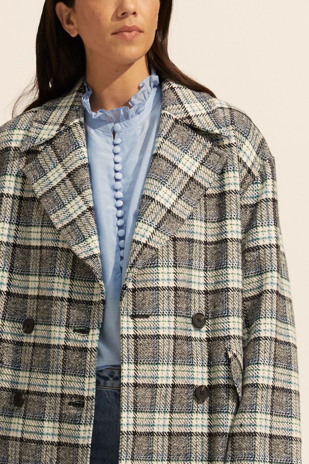 pillar coat - green check - zoe kratzmann - self tie belt - coat - outerwear - green check - notched lapels - double breasted