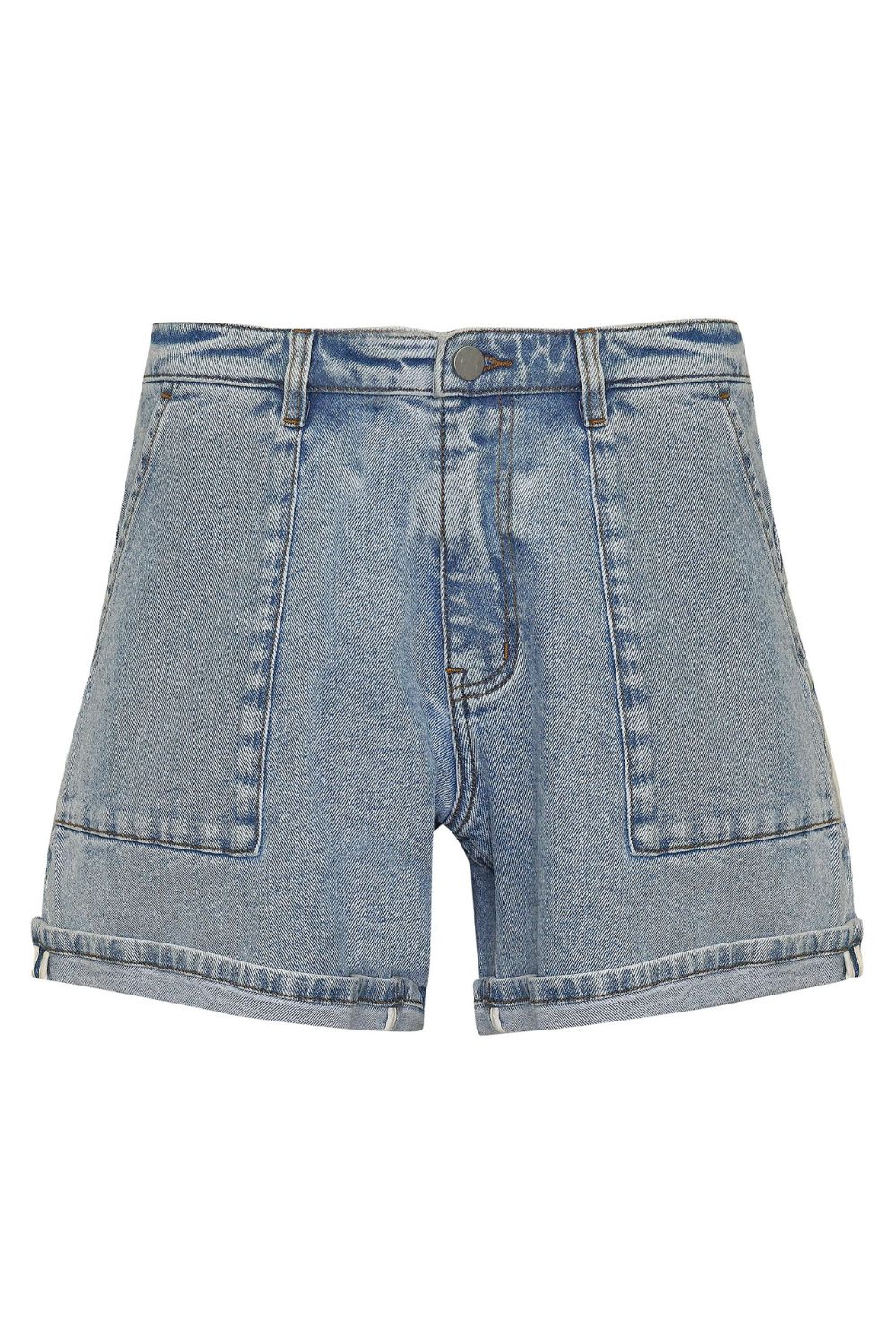 blue denim, shorts, cuffed leg, top stitched pockets, mid rise, product image