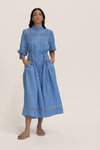blue, maxi dress, button through, cuffed sleeves, self tie belt, embroidered detailing, high neckline, product video