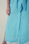 blue, dress, midi dress, side splits, oversized patch pockets, self tie fabric belt, short sleeve, product video