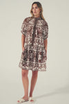 brown and white print, high neck, buttons to waist, mid length sleeve, dress, drop waist, product video