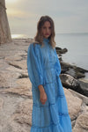 blue, dress, buttons through centre, ruffle collar, mid length sleeve, self tie fabric belt, midi dress, tiered skirt, product video