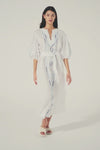 white and blue, maxi dress, embroidery, mid length sleeve, self tie fabric belt, model video