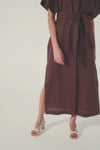brown, dress, midi dress, side splits, oversized patch pockets, self tie fabric belt, short sleeve, product video