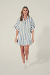 blue and white stripe, jumpsuit, button down collar, oversized patch pockets, model video