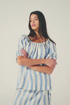 blue and white stripe, top, off the shoulder, mid length sleeve, product video