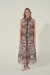 brown and white print, high neck, buttons down centre, thin fabric belt, sleeveless, dress, model video