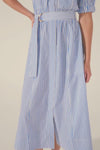 blue and white stripe, dress, high neck, mid length sleeve, fabric belt, midi dress, side pockets, product video