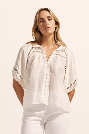 white, top, high neck, mid-length sleeve, covered buttons, circular lace detailing, front image