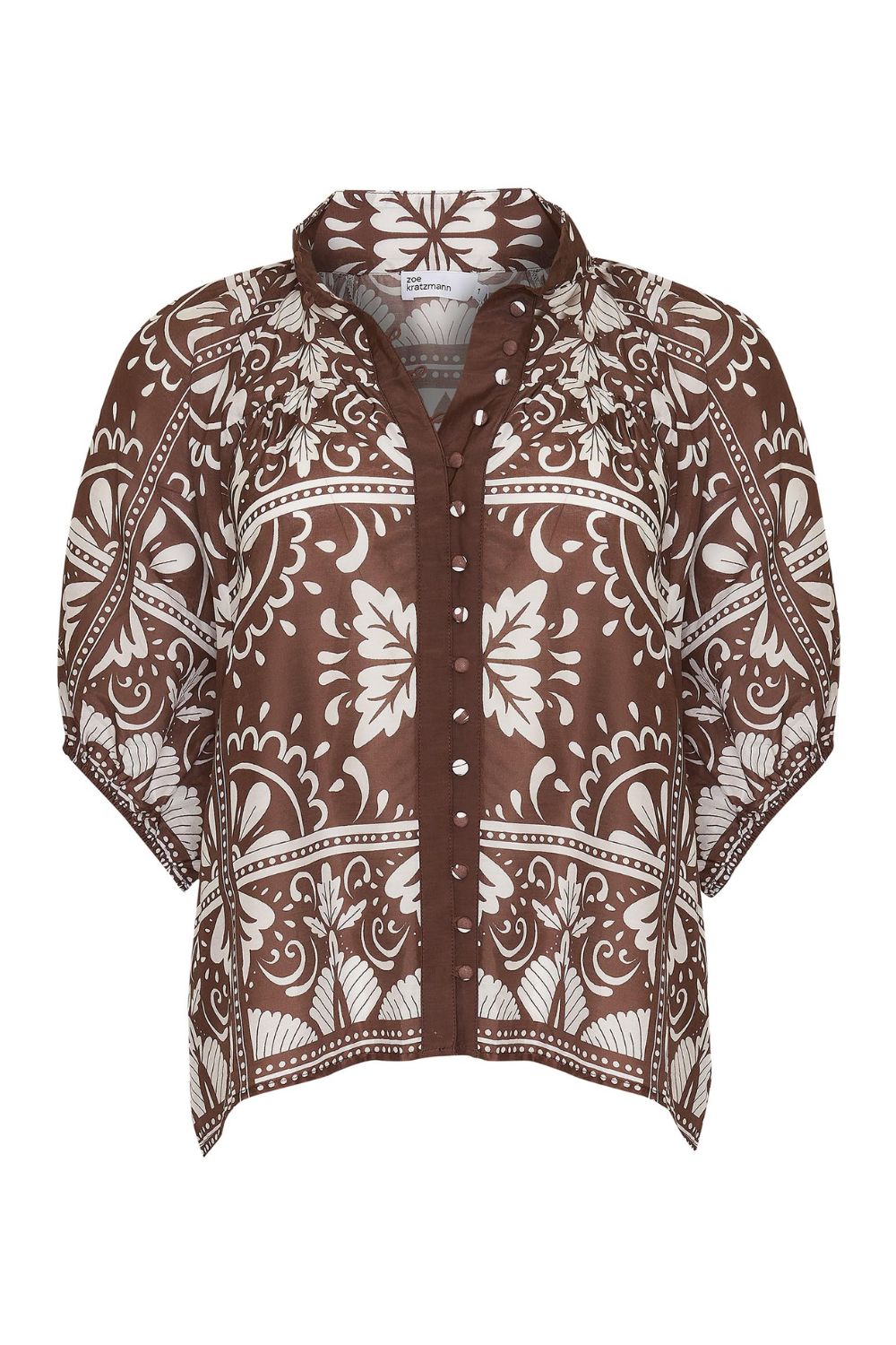 brown and white print, top, high neck, button down, mid length sleeve, product image