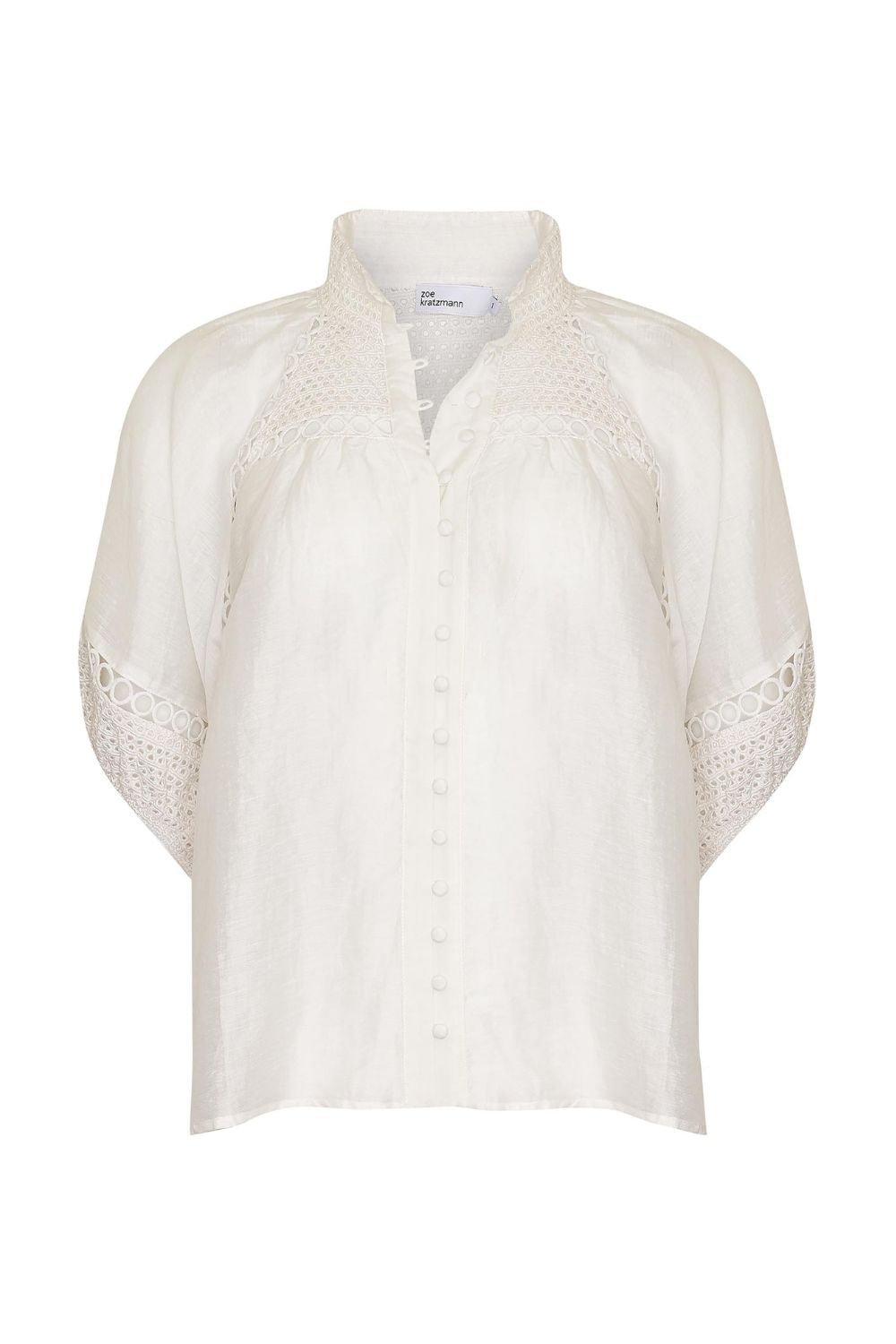 white, top, high neck, mid-length sleeve, covered buttons, circular lace detailing, product image