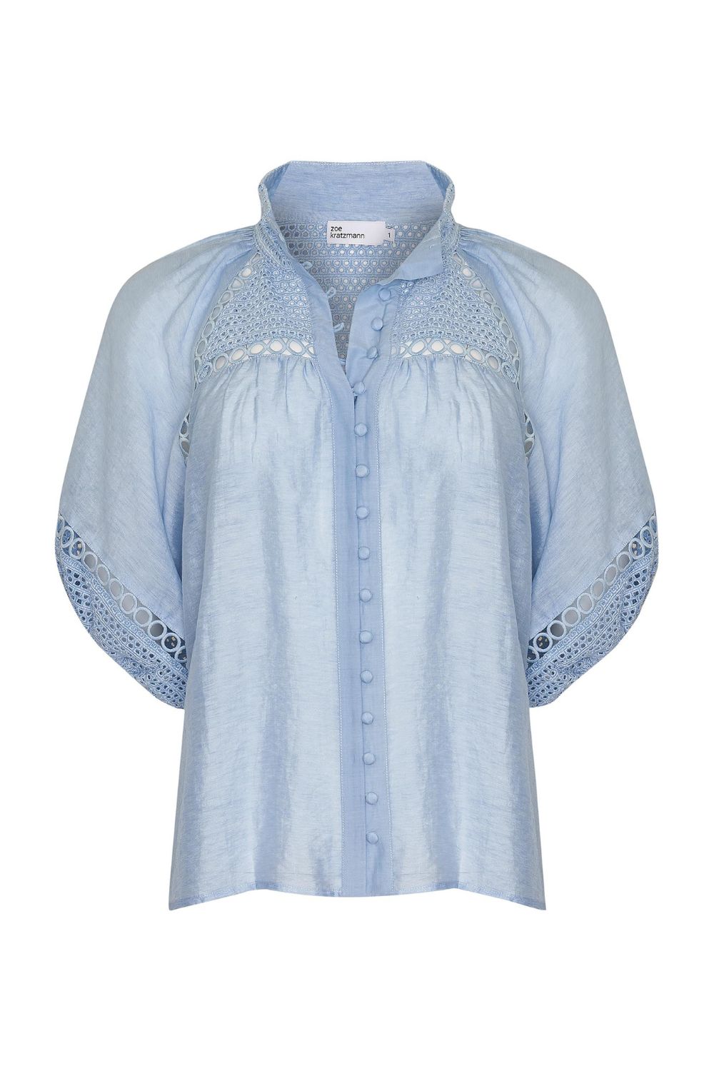 blue, top, high neck, mid-length sleeve, covered buttons, circular lace detailing, product image