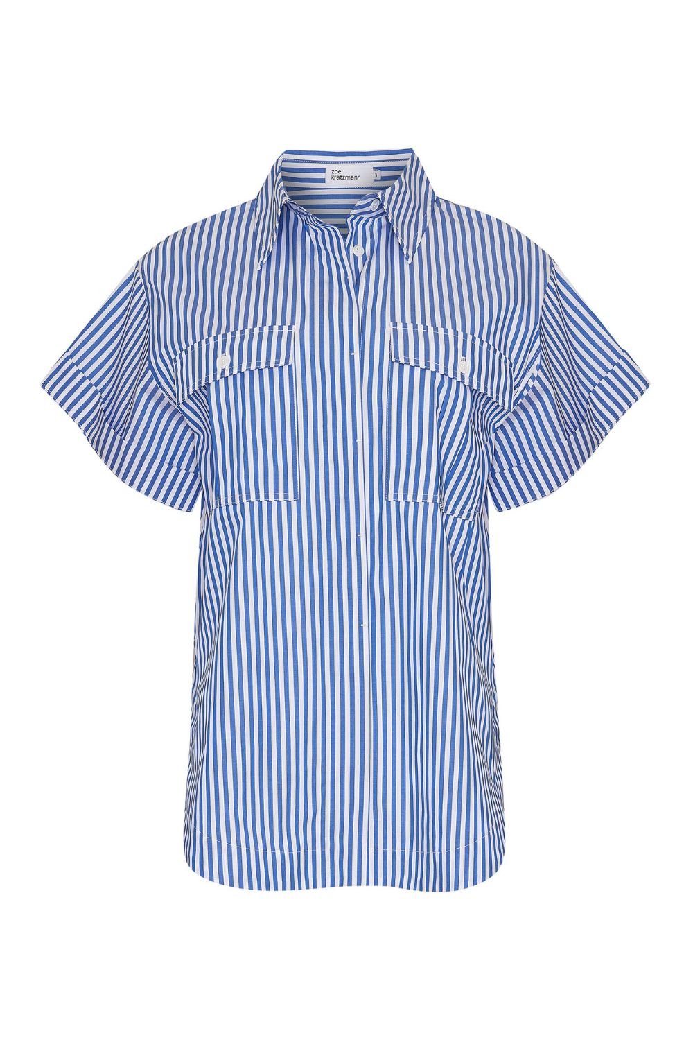 blue and white stripe, cuffed short sleeve, high-low hemline, covered placket, oversized patch pockets, shirt, top, product image
