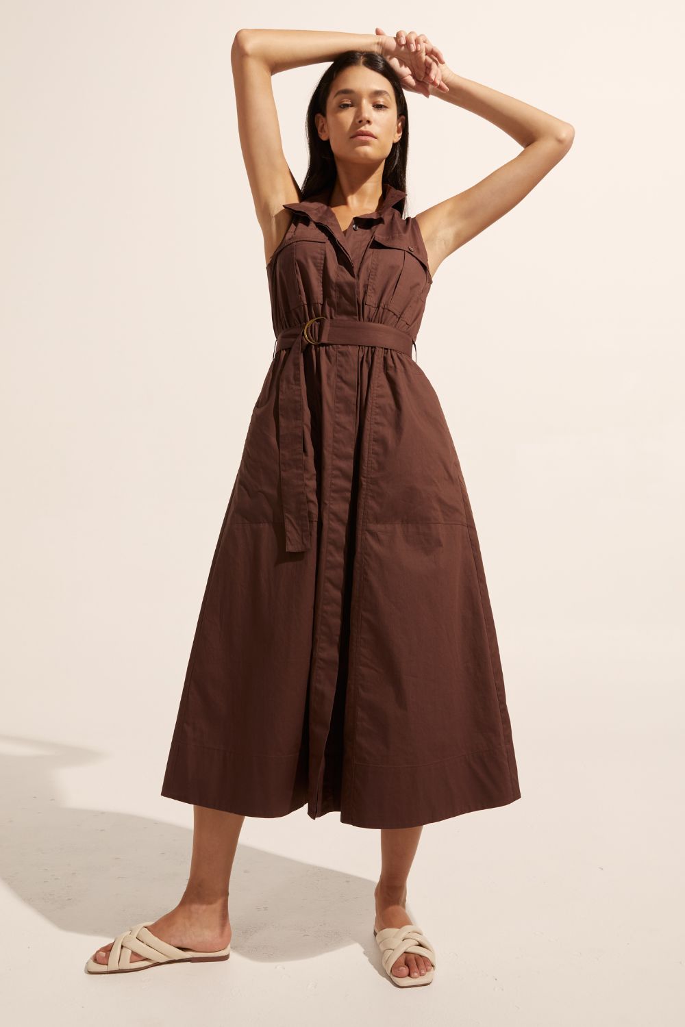 brown, midi dress, fabric belt, button down, sleeveless, high neck, dress, side pockets, front image