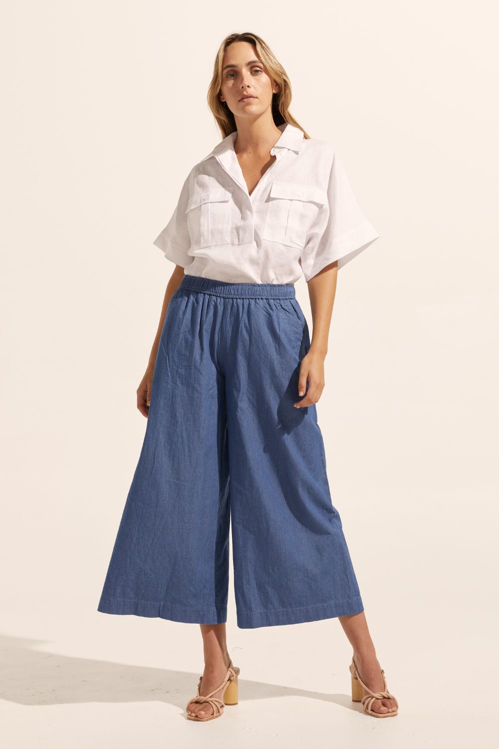 blue, pants, elasticated waist, side pockets, wide leg, front image