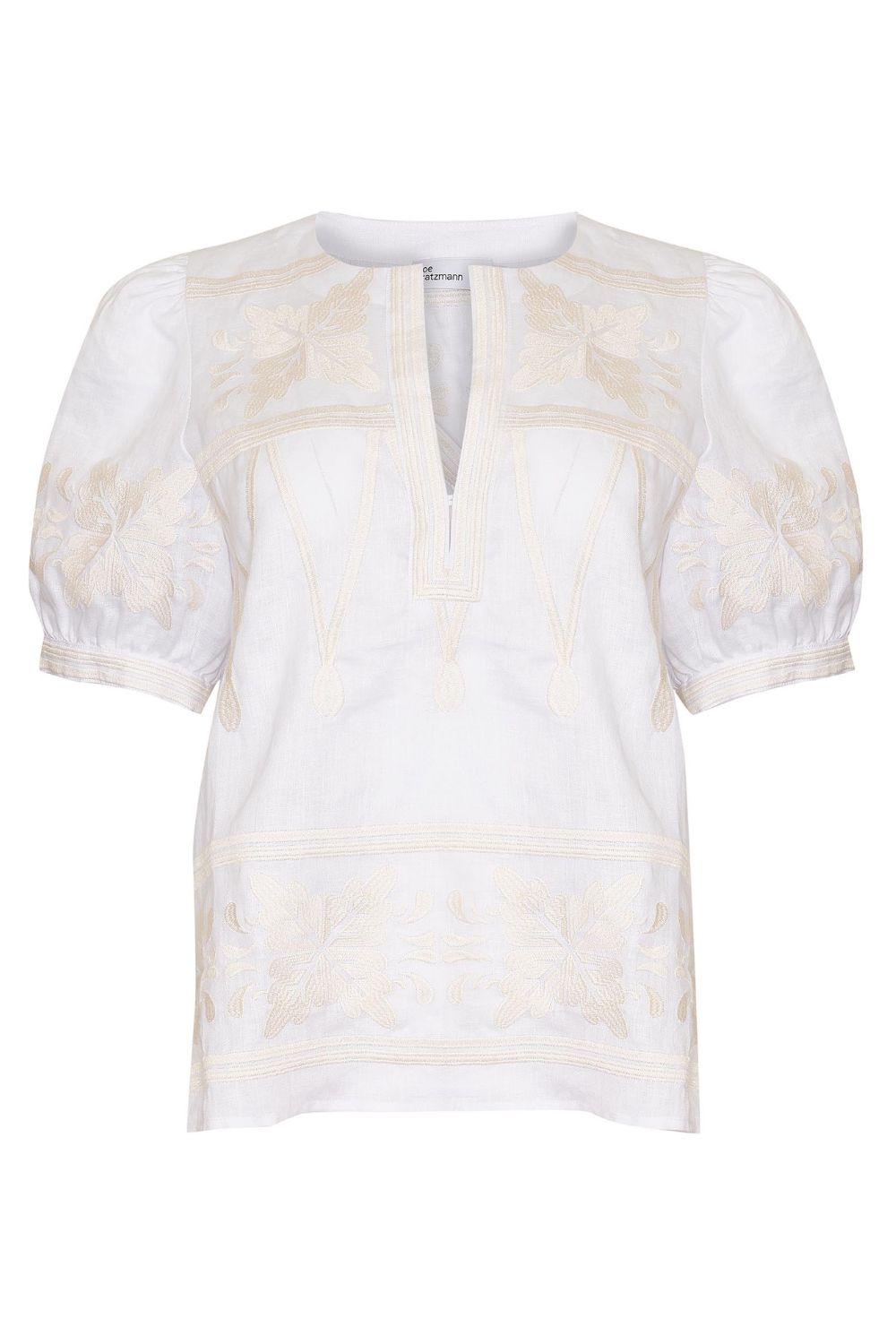 white and cream, top, small side splits, mid length sleeve, embroidered,  rounded v neckline, product image